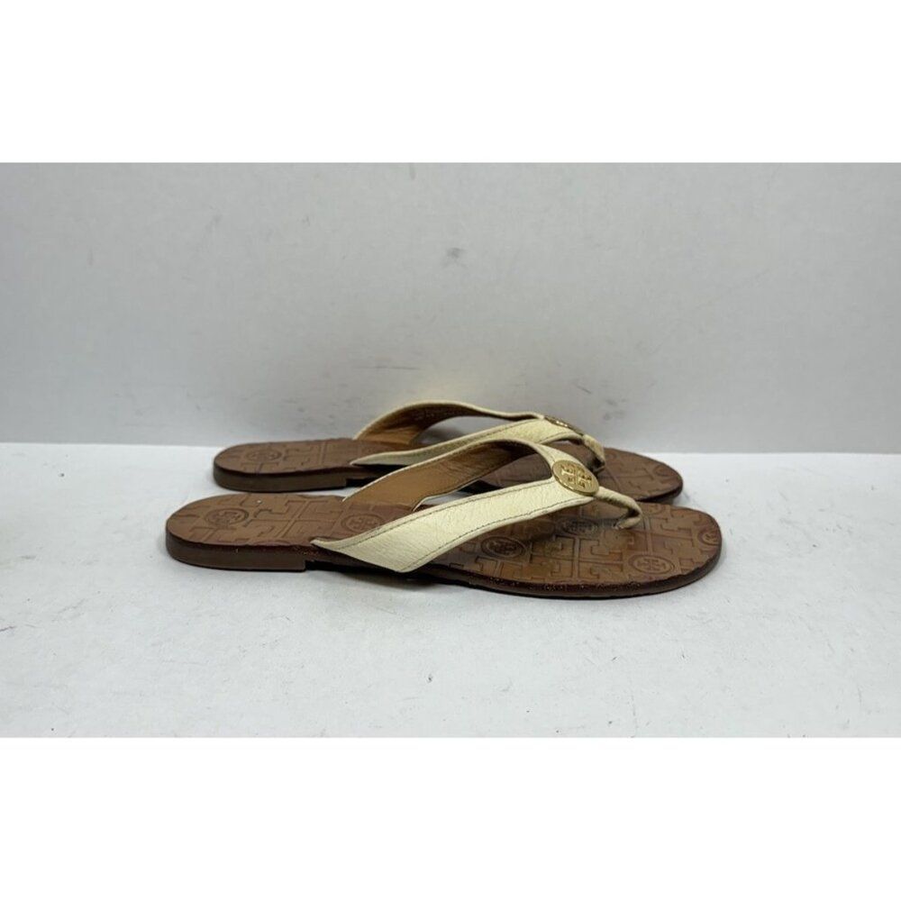 Tory Burch Thora Embossed Cream Leather Flip Flops Womens Size 7 M Sandals Shoes